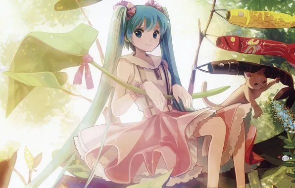 Picture cat, leaves, girl, flowers, tape, animal, art, vocaloid