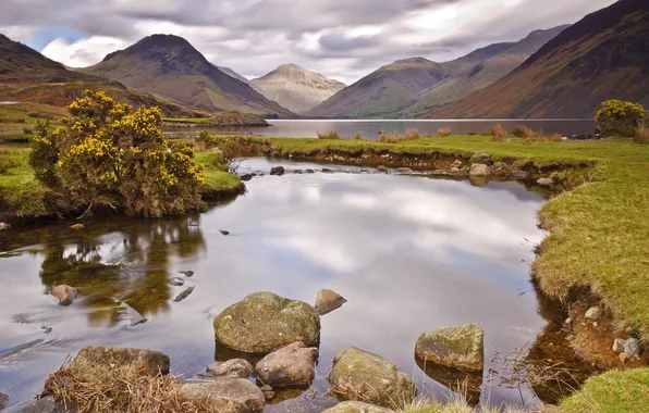 Water, clouds, trees, lake, reflection, river, stones, hills