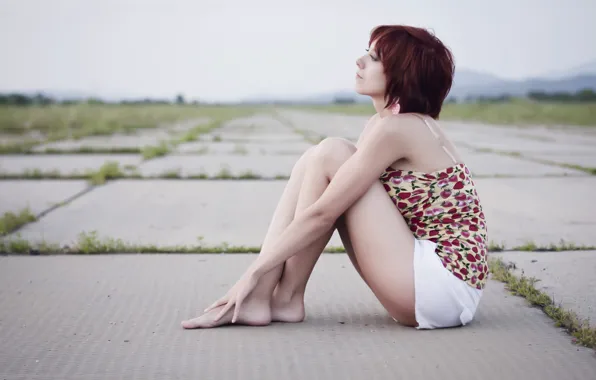 Look, girl, reverie, feet, skirt, barefoot, earrings, plate