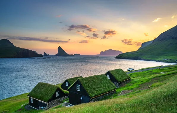 Landscape, mountains, nature, rocks, village, home, Bay, Faroe Islands