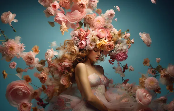 Picture girl, flowers, face, image, digital art, AI art, The Art of Artificial Intelligence, neural network