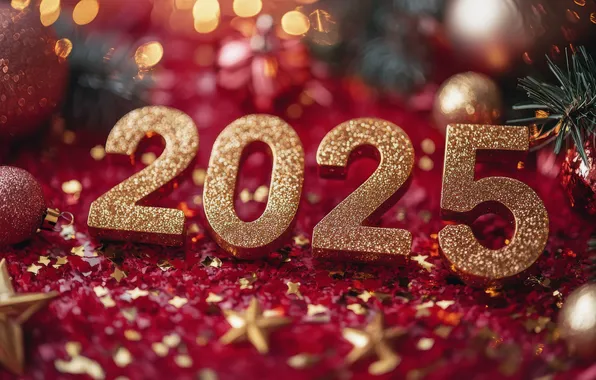Stars, balls, lights, figures, New year, needles, red background, gold