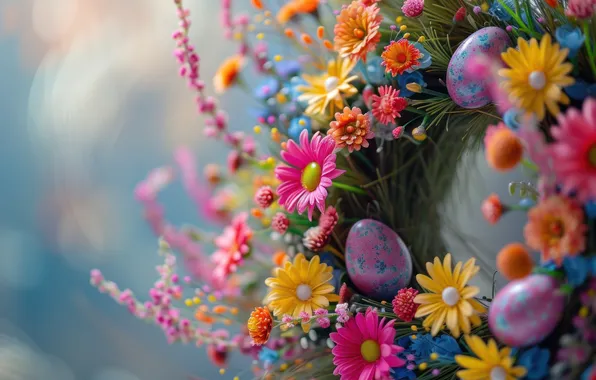 Flowers, holiday, bright, eggs, blur, spring, yellow, Easter