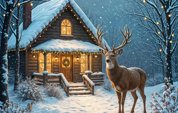 Winter, light, snow, trees, night, branches, lights, house