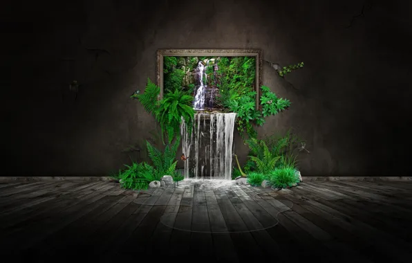 Greens, nature, butterfly, waterfall, picture, photomanipulation