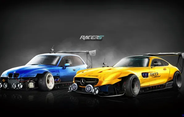 Mercedes-Benz, Auto, Yellow, Blue, BMW, Machine, Machine, Two