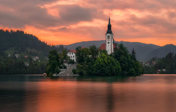 Sunset, mountains, lake, island, Church, Sergey Serushkin