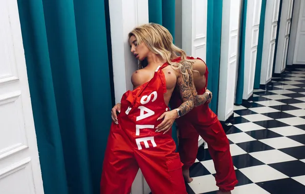 Chest, pose, reflection, model, makeup, door, piercing, mirror