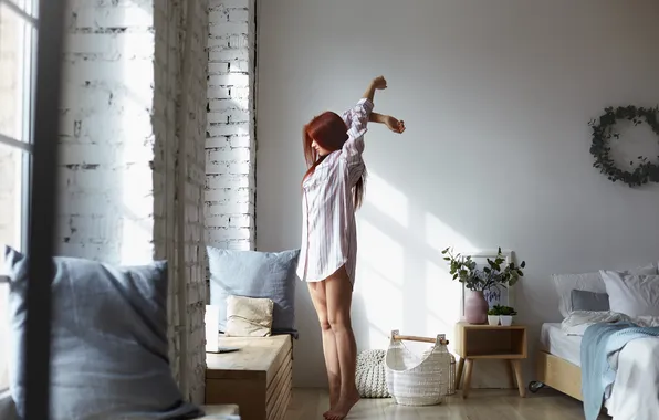 Wall, feet, brick, red, awakening, elongated, freckled