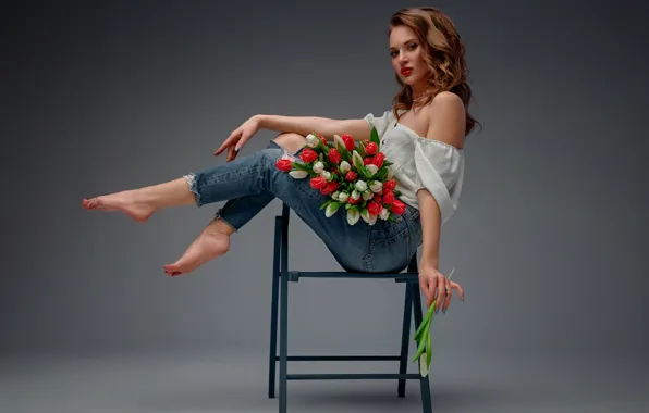 Girl, flowers, pose, background, feet, jeans, tulips, shoulder