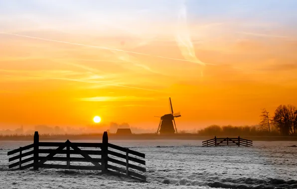 Winter, frost, field, the sky, the sun, clouds, snow, sunset