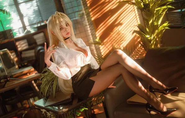 Asian, women, cosplay, blonde, big boobs, sitting, bent legs, legs crossed
