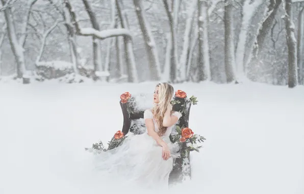 Winter, snow, flowers, dress, blonde, the bride