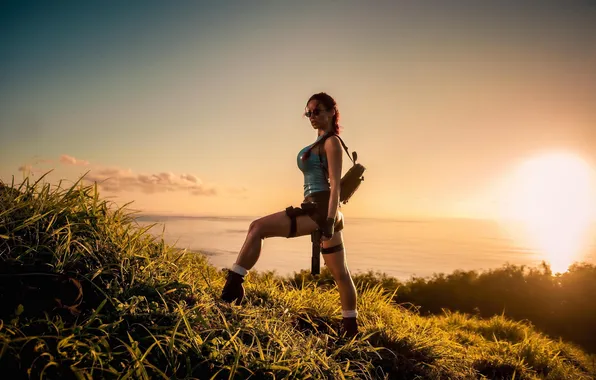 Picture girl, landscape, sunset, nature, lara croft, cosplay, Lara Croft