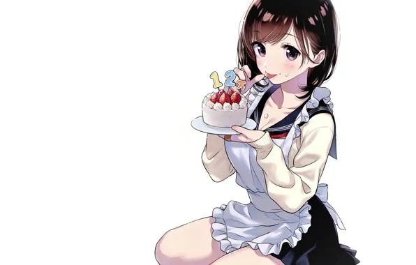 White background, schoolgirl, cream, apron, sweet tooth, licks, sailor, piece of cake