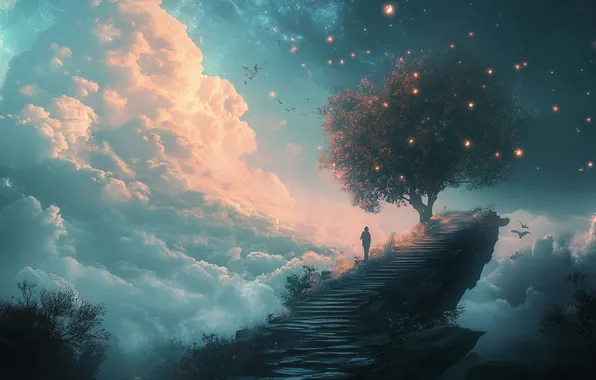 Clouds, night, lights, fog, tree, dawn, heaven, smoke