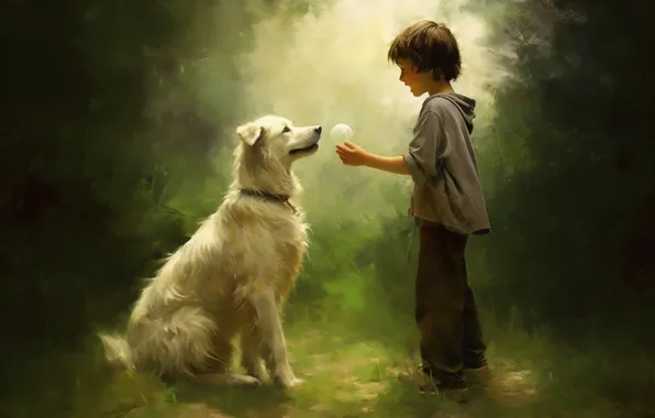 Greens, summer, light, glade, the game, dog, ball, boy