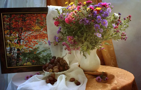 Flowers, table, picture, plate, grapes, vase, still life, blind
