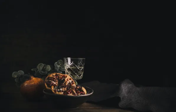 The dark background, wine, glass, still life, grenades