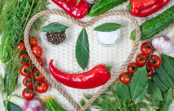 Greens, heart, rope, pepper, vegetables, composition