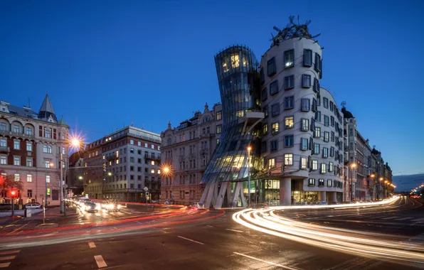 Picture road, design, lights, street, building, home, the evening, Prague