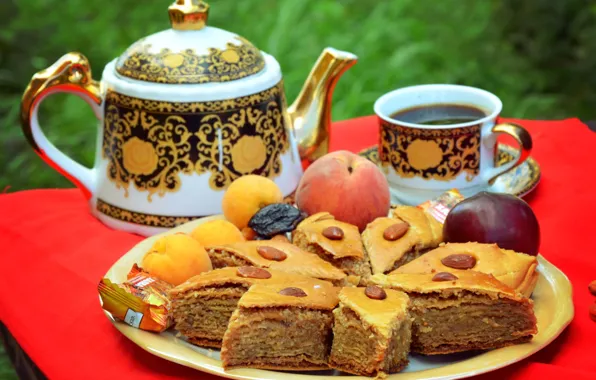 Picture tea, sweets, nuts, honey, baklava