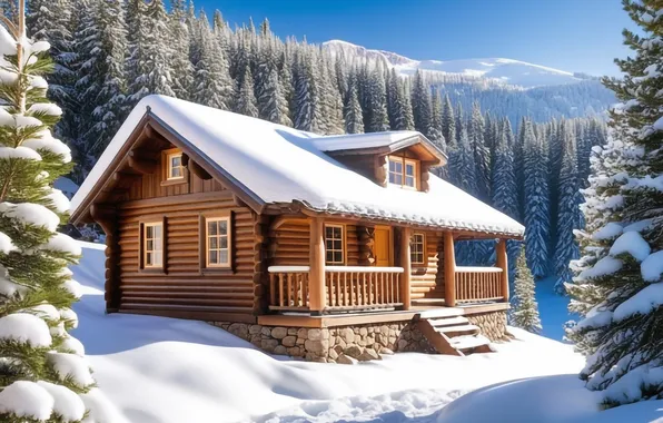 Picture winter, forest, snow, trees, mountains, tree, house, house