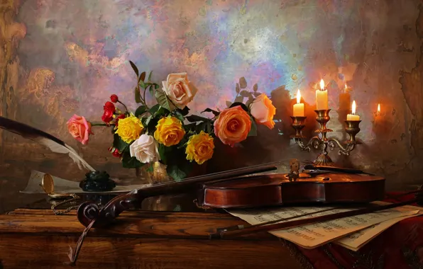 Flowers, notes, pen, violin, roses, candles, vase, table