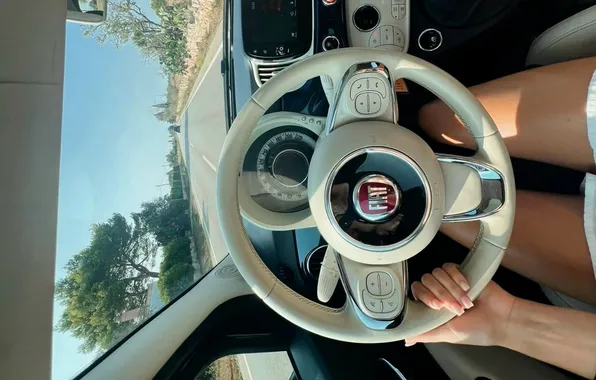 Road, auto, girl, feet, speedometer, the wheel, windshield, manicure