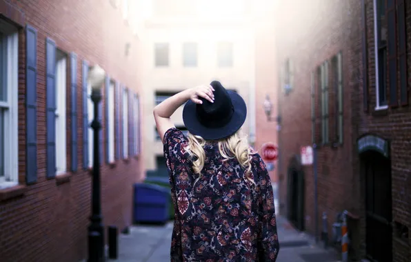 Picture girl, street, back, hat, curls