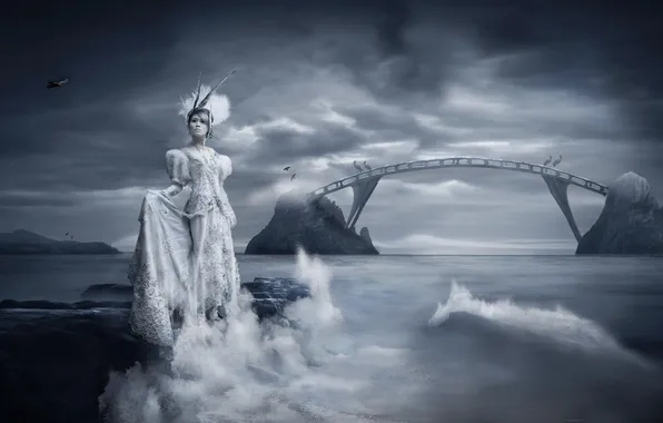 Picture the sky, look, water, bridge, bird, clothing, wave, Girl