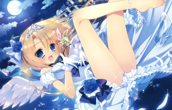 Ass, girl, night, the city, castle, the moon, wings, barefoot