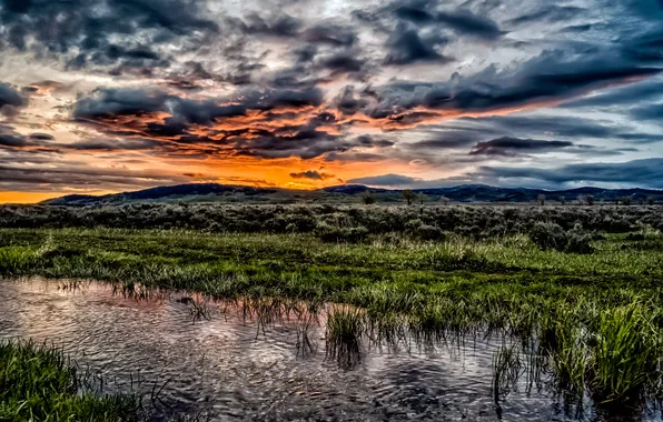Picture water, the sun, clouds, sunrise, sunrise, Shadow Mountain, dark mountain