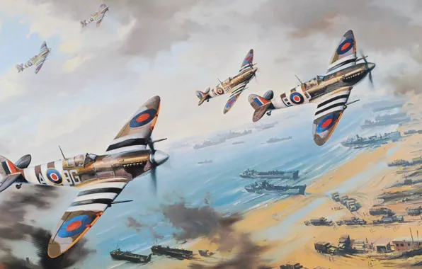 Picture beach, figure, ships, art, fighters, spitfire, Normady, fighter sweep