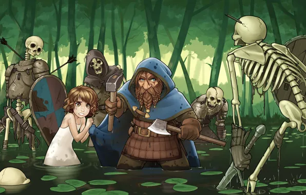Forest, skeleton, girl, axe, dwarf, defender, the fantasy