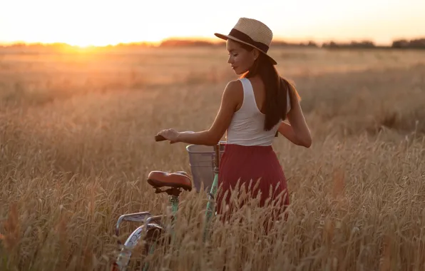Field, summer, girl, sunset, bike, hat, ears, Kate