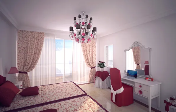 Picture design, room, bed, mirror, window, chair, chandelier, laptop