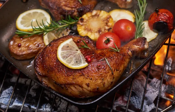 Chicken, meat, tomatoes, lemons, fried chicken, grill, chicken, chicken meat