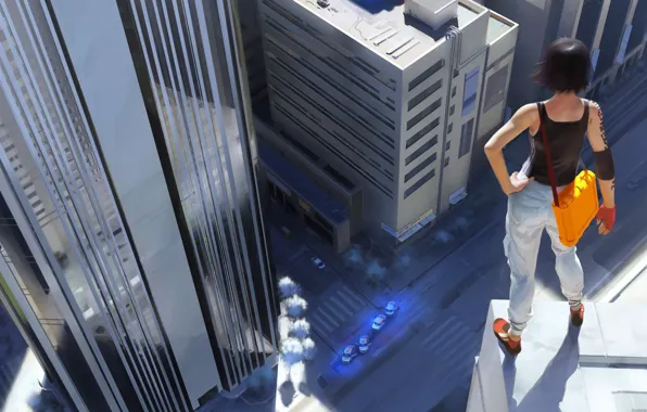 Girl, height, mirrors edge, skyscraper