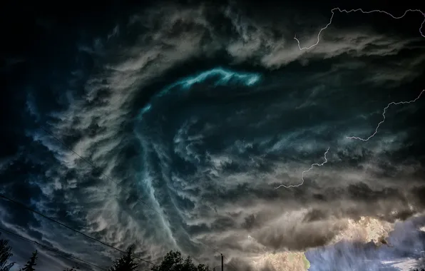 The storm, the sky, trees, landscape, clouds, nature, rain, lightning