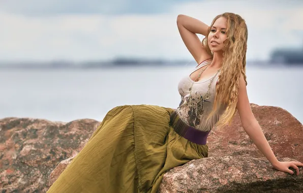 Sea, look, girl, face, pose, stones, hair, skirt