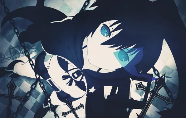 Anime, art, chain, girl, black rock shooter, glowing eyes