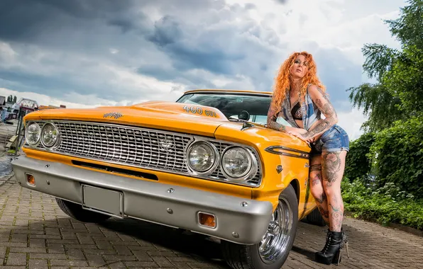 Picture machine, girl, background, 1963 Ford Fairlane 500 Thunderbolt