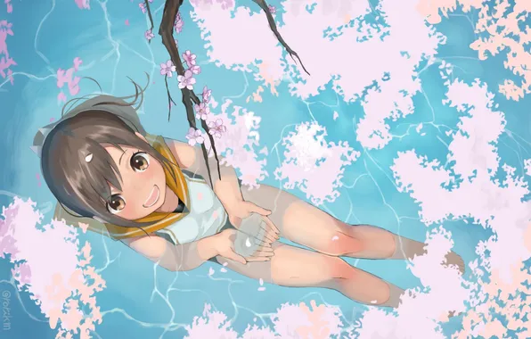 Water, girl, joy, anime, petals, Sakura, art, form
