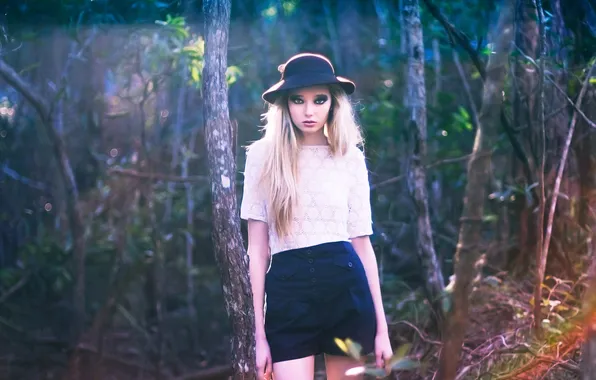 Forest, look, girl, trees, hat, blonde