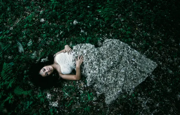 Grass, girl, pose, feathers, fluff, lies