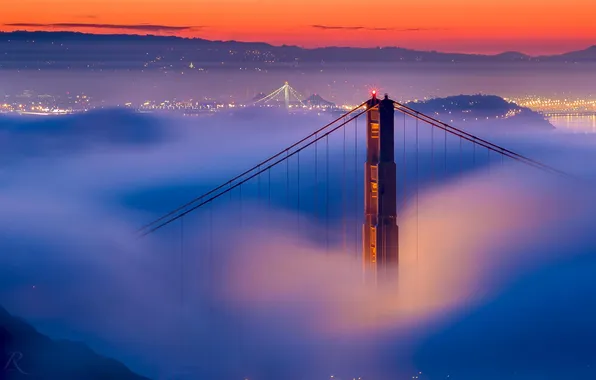 Bridge, fog, the evening, CA, San Francisco, Golden gate