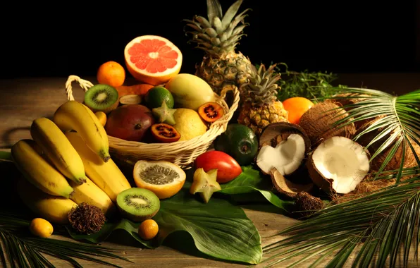 Picture leaves, coconut, kiwi, bananas, fruit, pineapple, grapefruit
