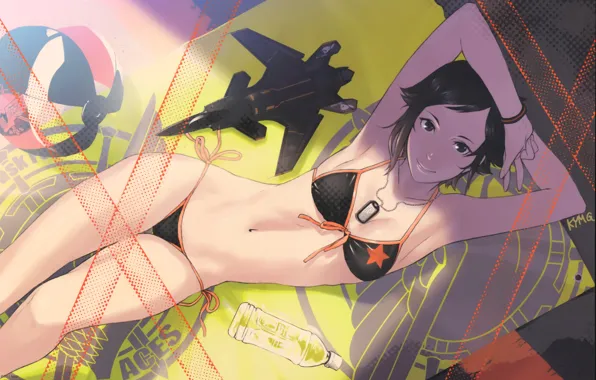 The ball, Mat, bikini, badge, game, hands behind head, lying on her back, Ace Combat