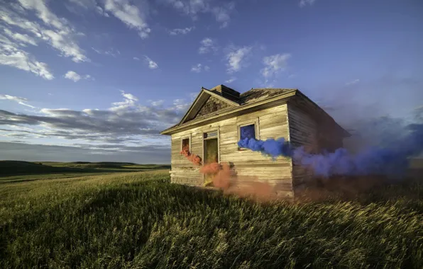 Field, house, smoke